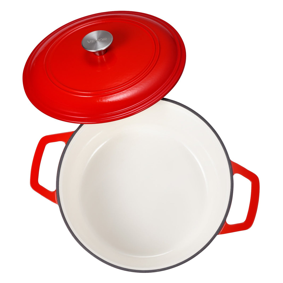 Red enameled cast iron Dutch oven, lid off, cream interior