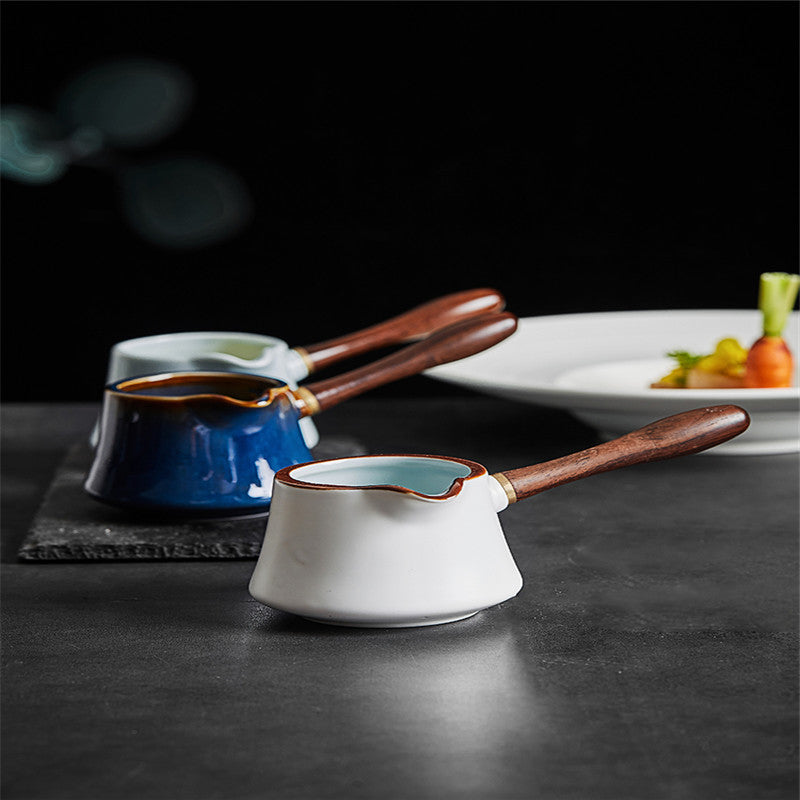 Porcelain milk jug with wood handle, 200 ml