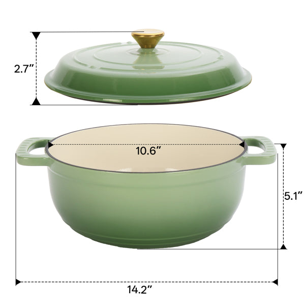 Sage green Dutch oven dimensions: 14.2 in across the handles, 10.6 in inside