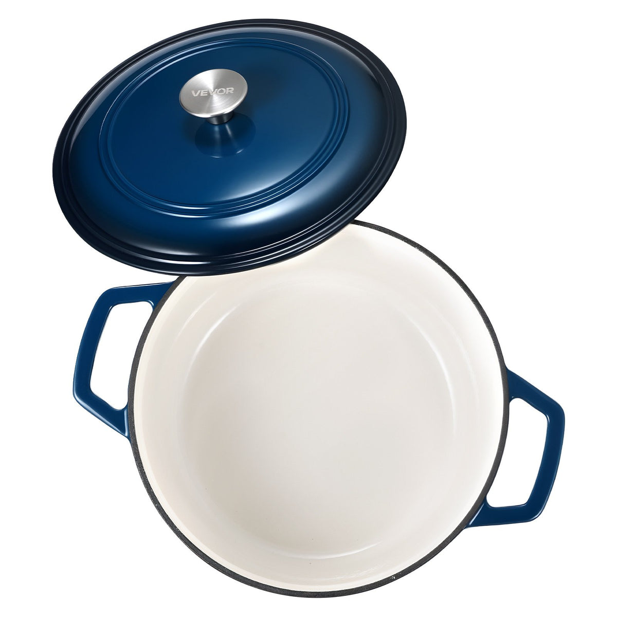 Blue enameled cast iron Dutch oven, lid off, cream interior
