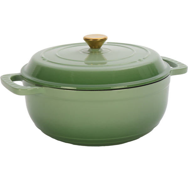 Sage green enameled cast iron Dutch oven with lid and gold-tone knob