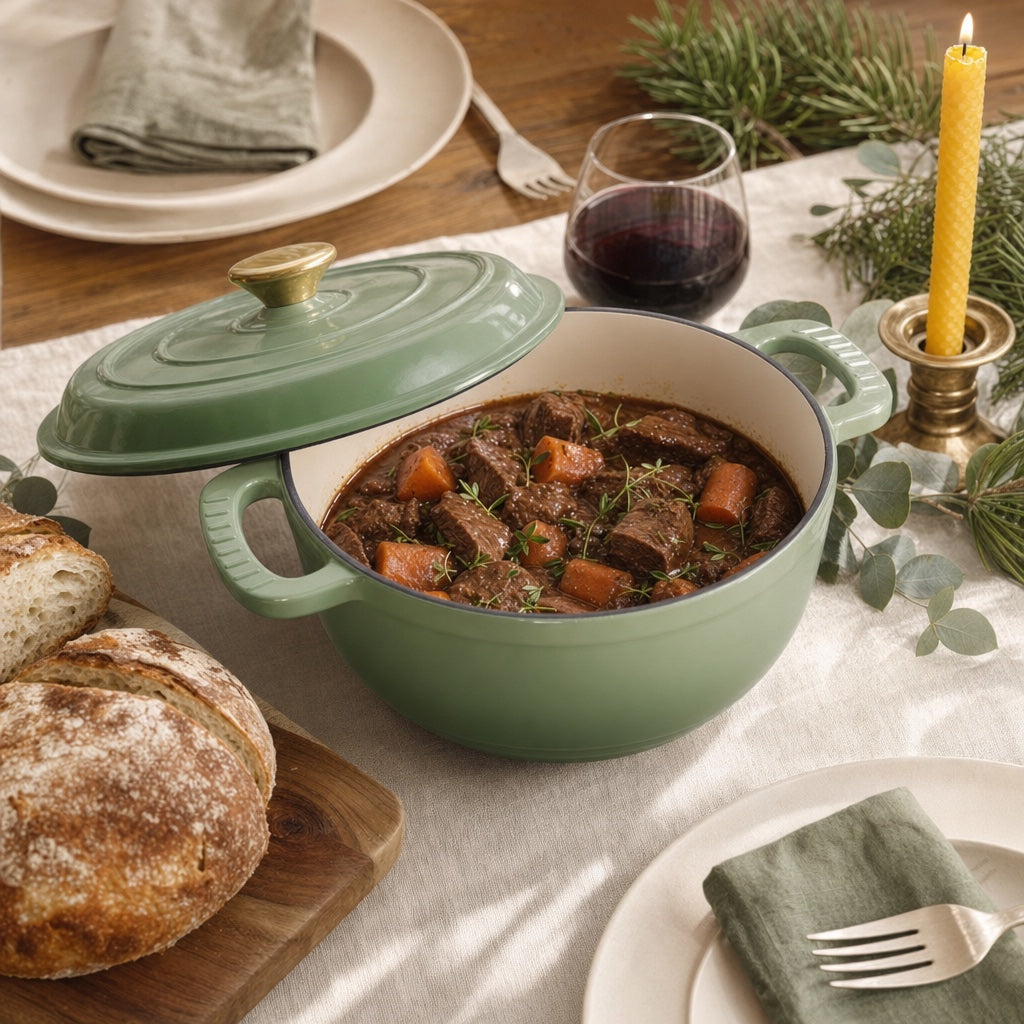 AI-styled photo: the sage green Dutch oven with beef stew on a winter dinner table